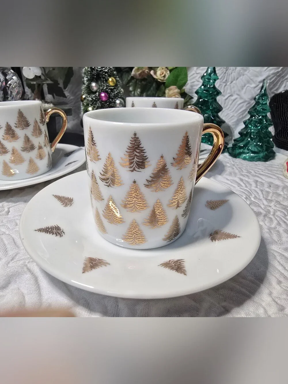Vintage Centurion Collection Gold Christmas Tree Espresso Cups & Saucers - 8pc